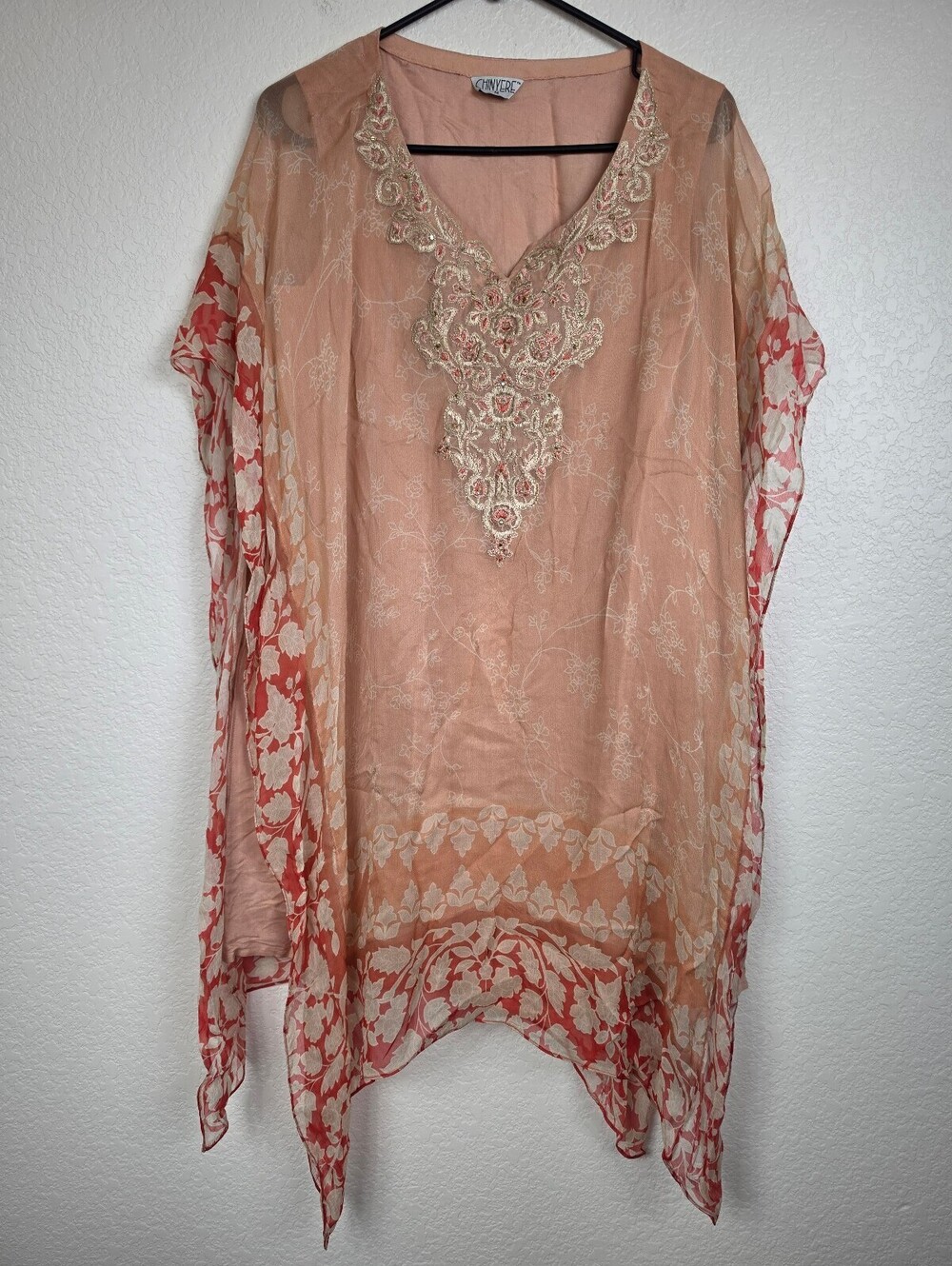 Silk Chinyere Embroidered Peach and Coral Tunic Dress Medium